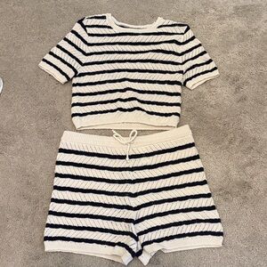 Aerie Navy and Cream Crochet Shirt and Shorts Set